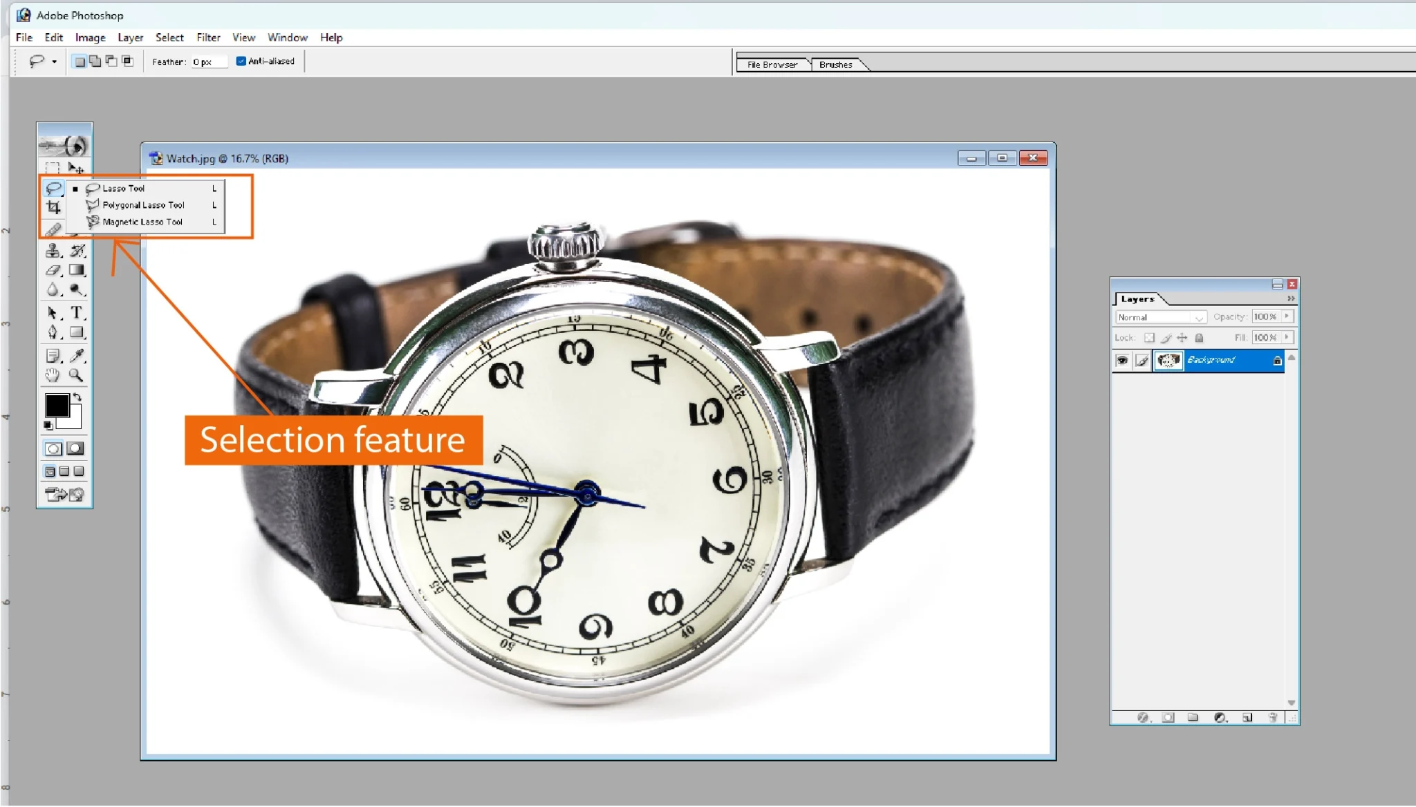 Selection features in Adobe Photoshop 7.0 showing Magic Wand and Lasso selection tools