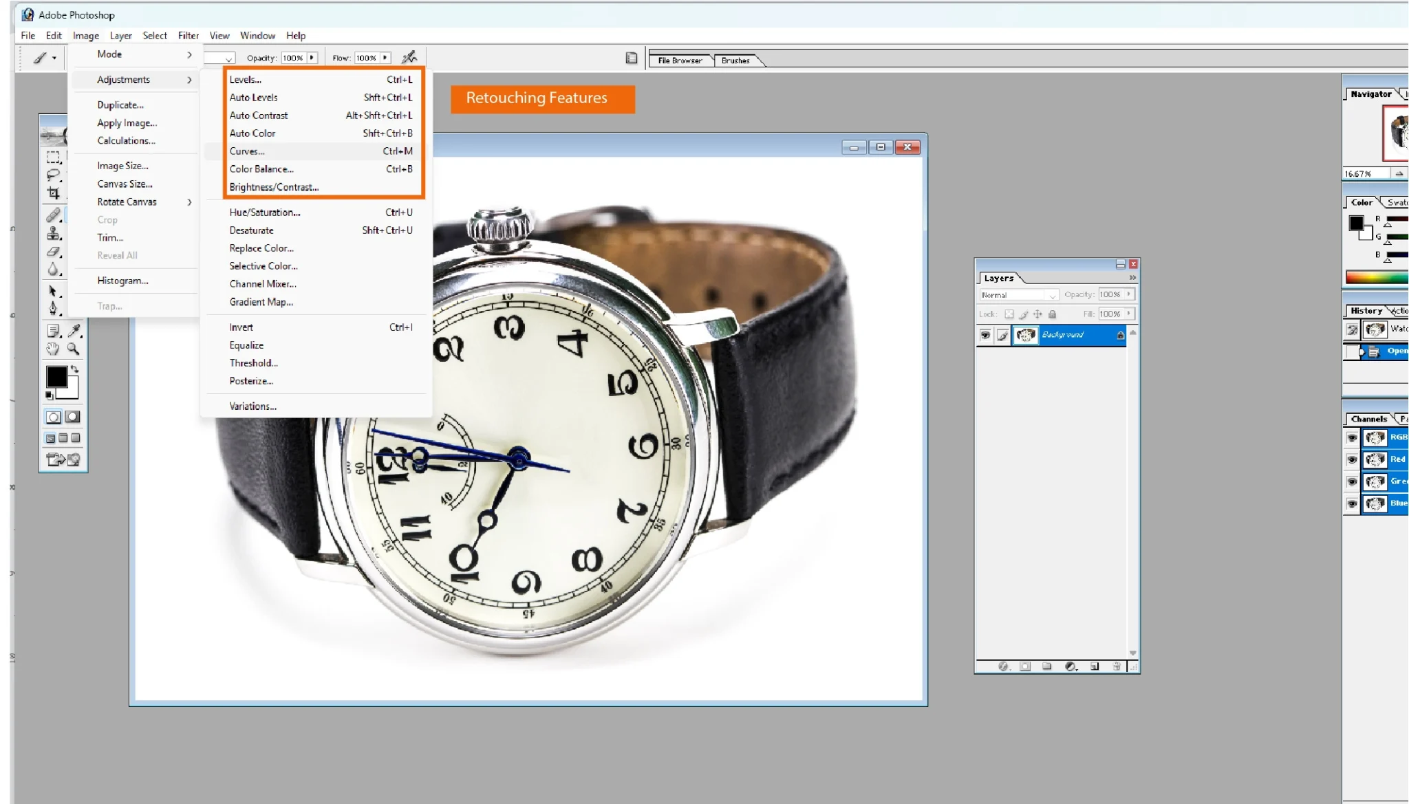 Retouching feature in Adobe Photoshop 7.0 showing portrait skin retouching tools