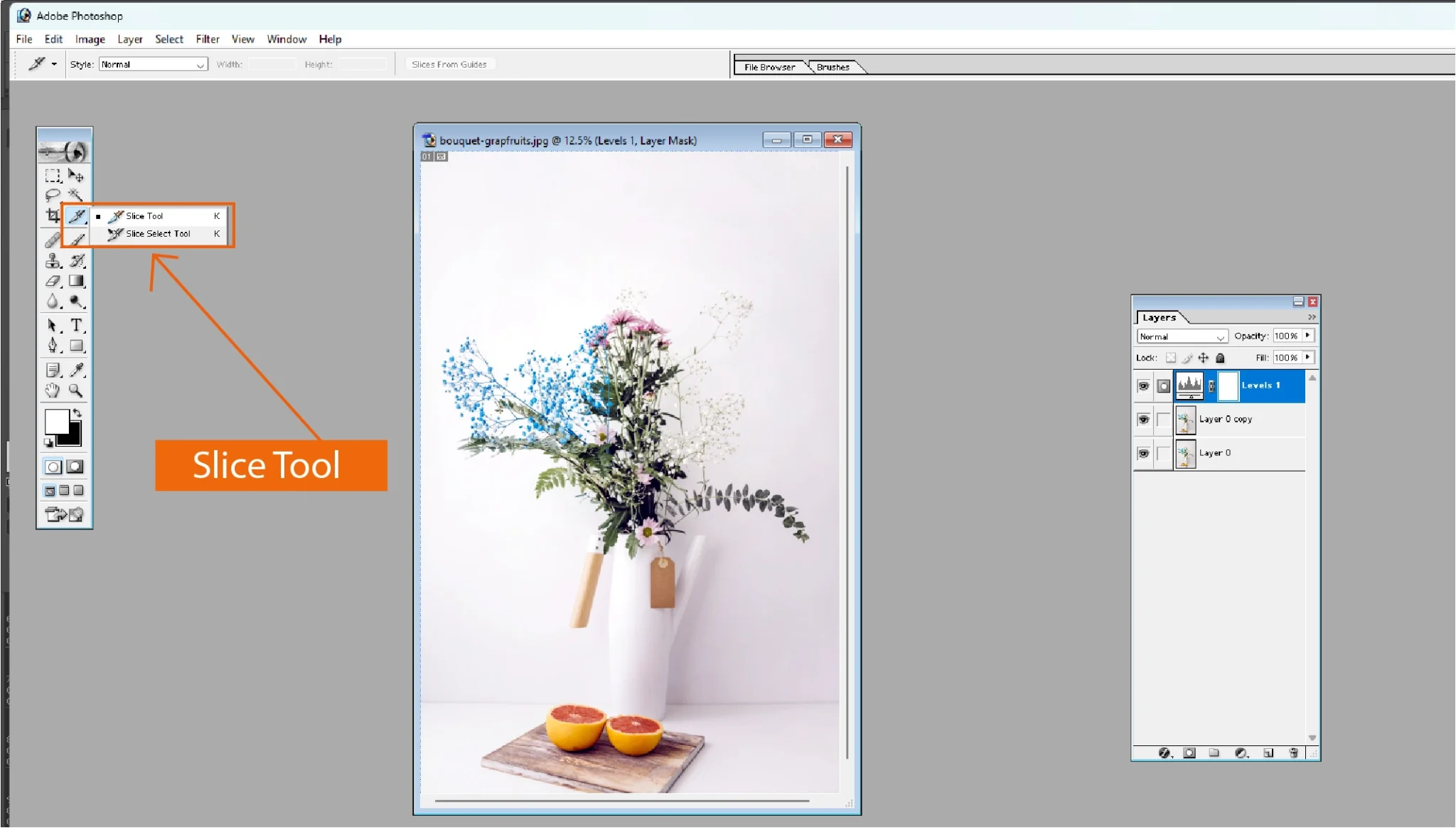 Slice feature in Adobe Photoshop 7.0 showing how to divide designs for web output